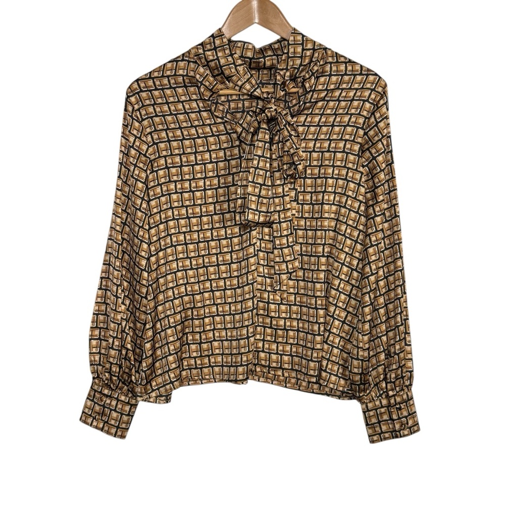 Worthington diamond geometric print bow tie mock neck balloon sleeve top NWT - Picture 2 of 11